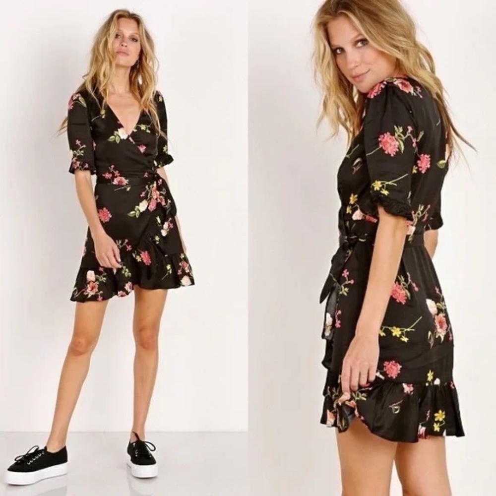 Revolve Capulet Nadine Black Floral Satin Flutter Hem Short Sleeve Wrap Dresss